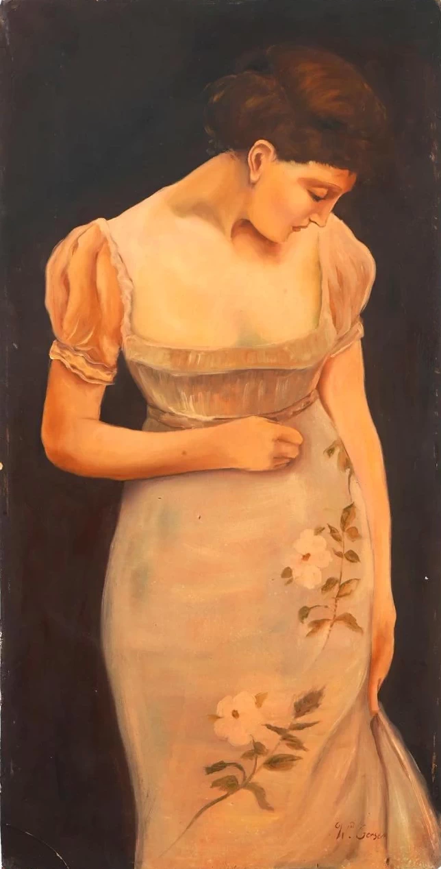 Ritratto di una signora in abito con fiori